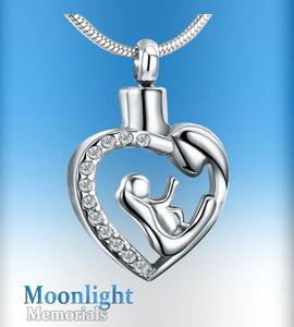 Mother & Child Crystal Urn Cremation Pendant Ash Holder Memorial Necklace