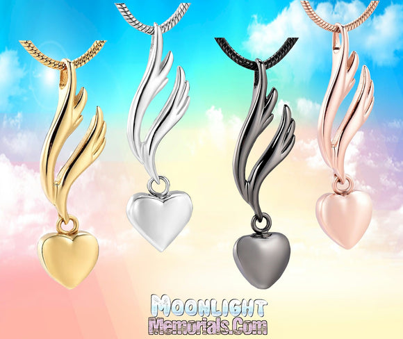 Angel Wings Heart Urn Cremation Necklace