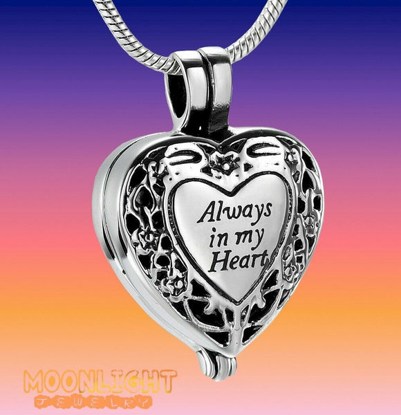 Always in my Heart Locket Urn Cremation Pendant Ash Holder Memorial Necklace