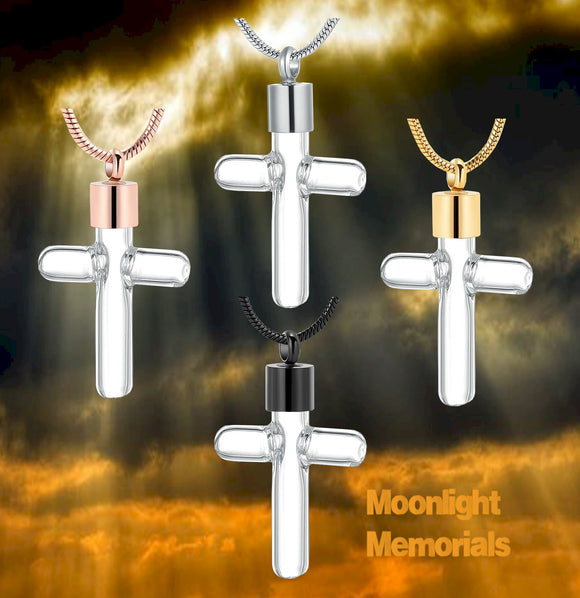 Cross Glass Urn Cremation Pendant Ash Holder Memorial Necklace