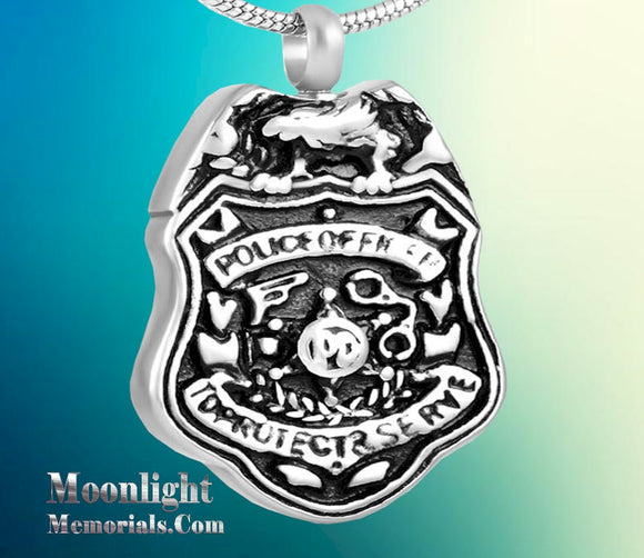 Police Officer Badge Cop Urn Cremation Pendant Ashes Holder Memorial Necklace