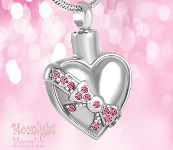 Heart Pink Crystal Bow Ribbon Heart Urn Cremation Ashes Necklace