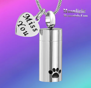 Paw Miss You Heart Embossed Urn Cremation Pendant Ashes Holder Memorial Necklace