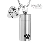 Paw Miss You Heart Embossed Urn Cremation Pendant Ashes Holder Memorial Necklace