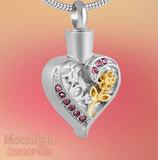 Mom Flower Crystal Heart Cremation Hour Glass Urn Keepsake Ashes Memorial Necklace