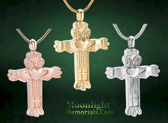 Cross Irish Claddagh Hand Heart Urn Cremation Pendant Ash Holder Memorial Necklace