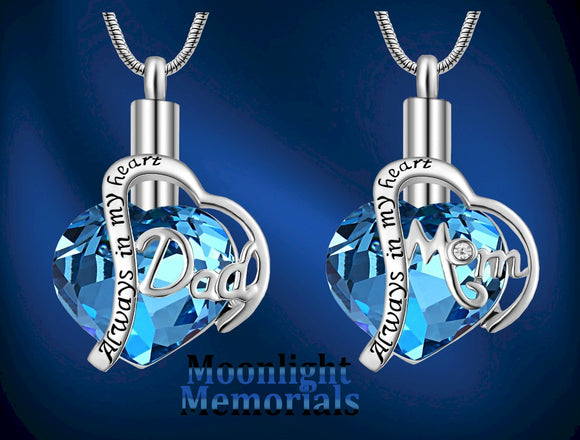 Always in my Heart Mom Dad Crystal Urn Cremation Pendant Ash Holder Memorial Necklace