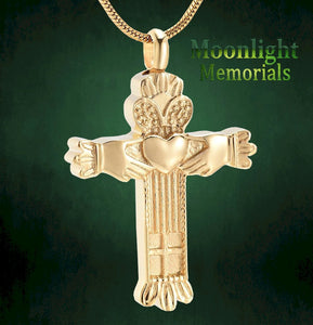 Cross Irish Claddagh Hand Heart Urn Cremation Pendant Ash Holder Memorial Necklace