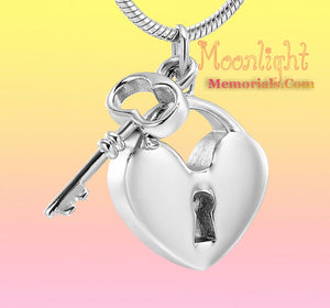 Heart Lock and Key Urn Cremation Necklace