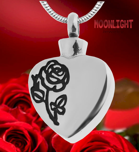 Heart Engraved Rose Vines Cremation Hour Glass Urn Keepsake Ashes Memorial Necklace