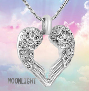 New Angel Wings Heart Crystal Cremation Urn Keepsake Ashes Memorial Necklace