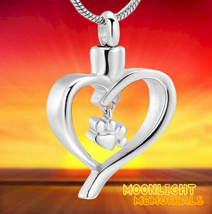 Heart Pet Paw Charm Urn Cremation Necklace