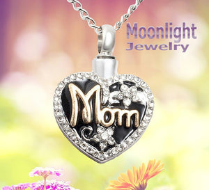 Mom Flower Crystal Heart Cremation Hour Glass Urn Keepsake Ashes Memorial Necklace