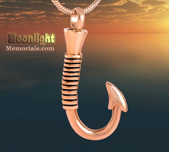 Fish Hook Rose Gold Fishing Urn Cremation Pendant Ash Holder Memorial Necklace