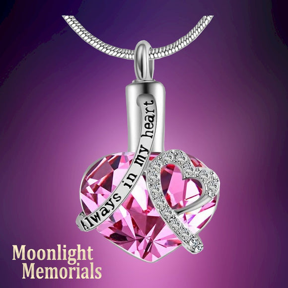 Always in my Heart Crystal Pink Urn Cremation Pendant Ash Holder Memorial Necklace