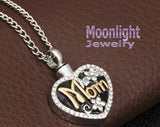 Mom Flower Crystal Heart Cremation Hour Glass Urn Keepsake Ashes Memorial Necklace