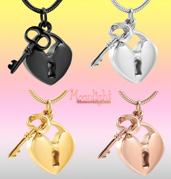 Heart Lock and Key Urn Cremation Necklace