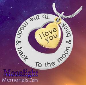 I love you to the moon and Back Heart Urn Cremation Necklace