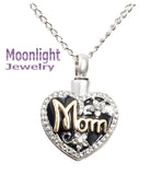 Mom Flower Crystal Heart Cremation Hour Glass Urn Keepsake Ashes Memorial Necklace