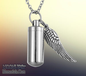 Cylinder & Angel Wing Cremation Urn Necklace