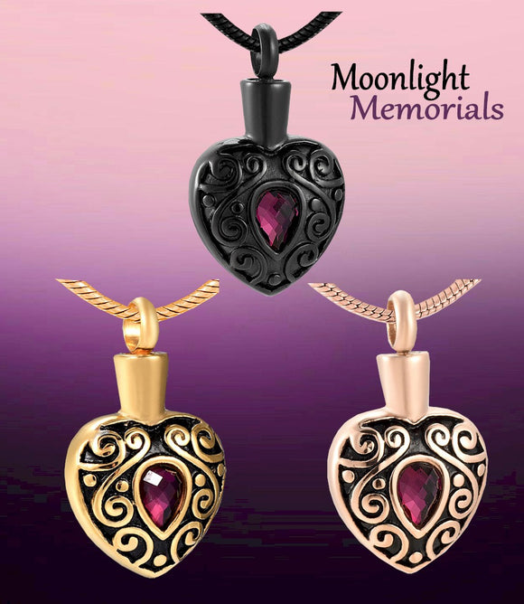 Heart Crystal Embossed Black Urn Cremation Pendant Ashes Holder Memorial Necklace