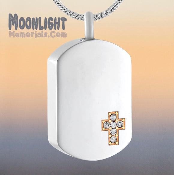 Cross Crystal Dog Tag Cremation Urn Keepsake Ashes Memorial Necklace