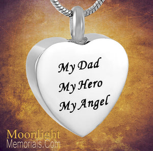 My Dad My Hero My Angel Heart Engraved Cremation Urn Keepsake Ashes Memorial Necklace