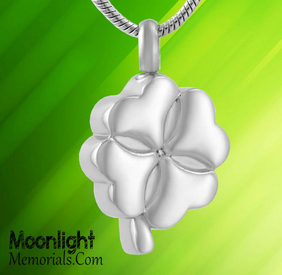 Four Heart Leaf Clover Crystal Cremation Urn Keepsake Ashes Memorial Necklace