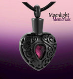 Heart Crystal Embossed Black Urn Cremation Pendant Ashes Holder Memorial Necklace