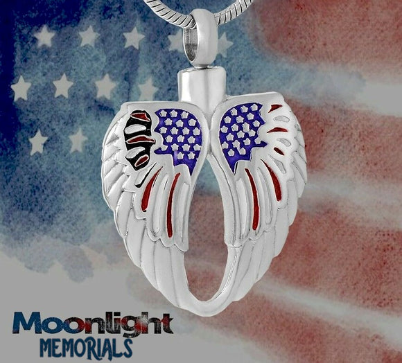 America Angel Wings USA Urn Cremation Pendant Ashes Holder Memorial Necklace