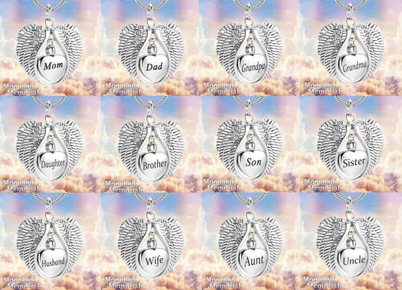 Angel Wings Heart Family Cremation Urn Ashes Holder Memorial Necklace