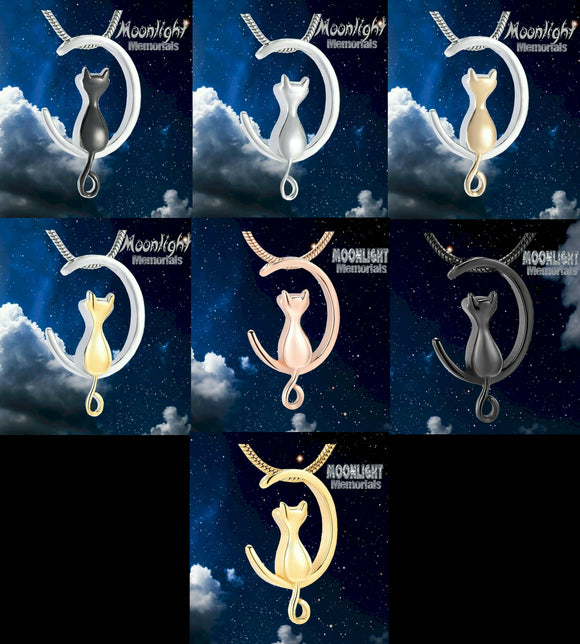 New Crescent Cat Moon Cremation Urn Keepsake Ashes Memorial Necklace