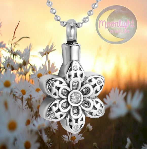 Daisy Flower  Crystal Cremation Urn Keepsake Ashes Memorial Necklace