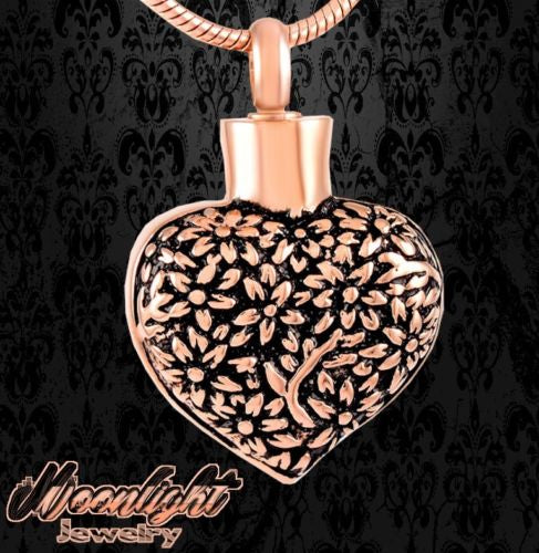 Heart Flowers Embossed Gold Cremation Hour Glass Urn Keepsake Ashes Memorial Necklace