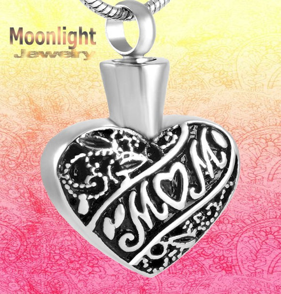 Mom Heart Embossed Cremation Urn Keepsake Ashes Memorial Necklace