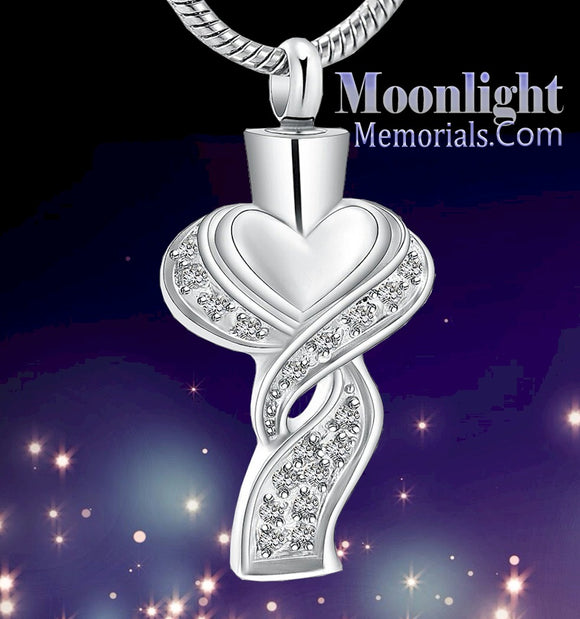 Heart with Ribbon Cremation Urn Keepsake Ashes Memorial Necklace