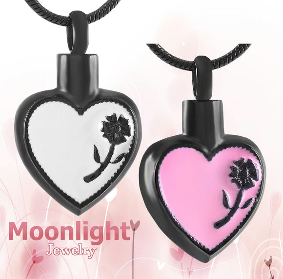 Heart Embossed Black Cremation Hour Glass Urn Keepsake Ashes Memorial Necklace