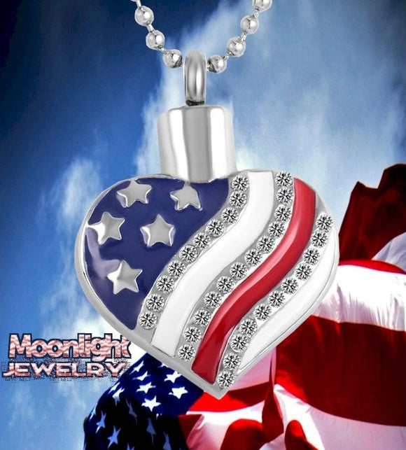 American Flag Heart Urn Cremation Pendant Ash Holder Memorial Necklace