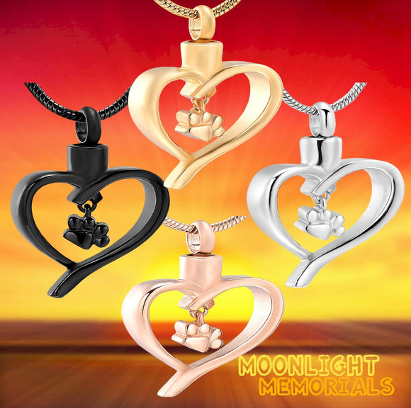 Heart Pet Paw Charm Urn Cremation Necklace