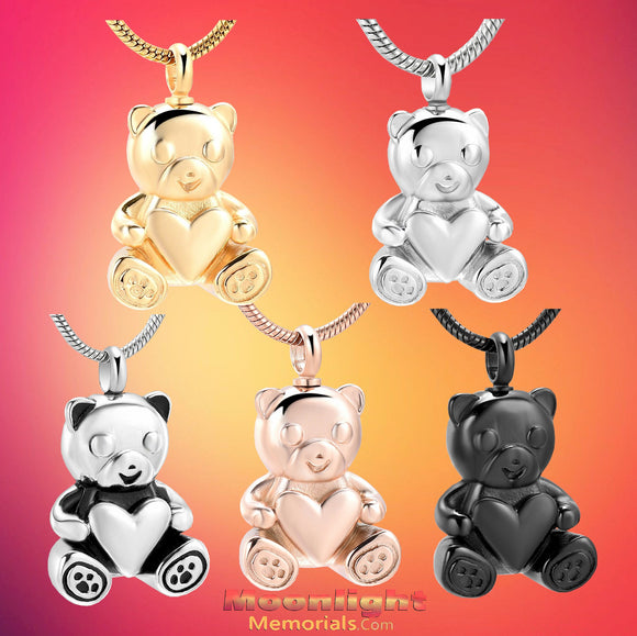 Teddy Bear Heart Urn Cremation Necklace