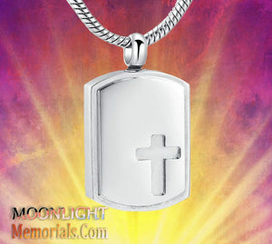 Cross Embossed Dog Tag Cremation Urn Keepsake Ashes Memorial Necklace