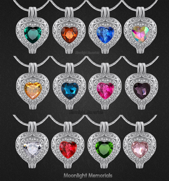 Birthstones Crystal Locket Cremation Urn Ashes Holder Memorial Necklace