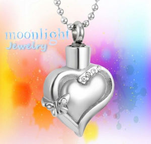 Heart Butterfly Love Crystal Cremation Urn Keepsake Ashes Memorial Necklace