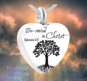 New Be Rooted in Christ Ephesians 3:17 Heart Cremation Urn Ashes Necklace