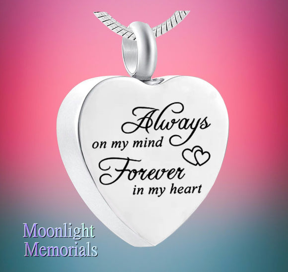 New Always on my mind Forever in my Heart Urn Ashes Cremation Memorial Necklace