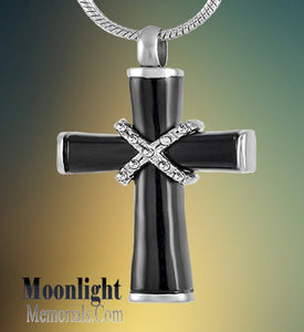 Cross Crystal Black Cremation Urn Necklace