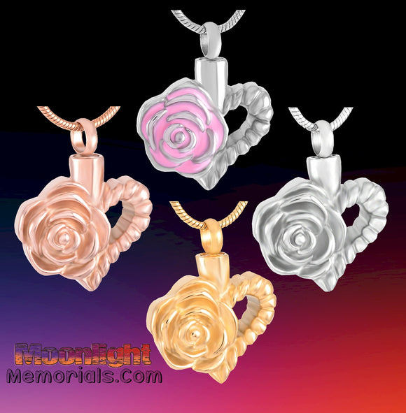 Heart Rose Flower Urn Cremation Necklace