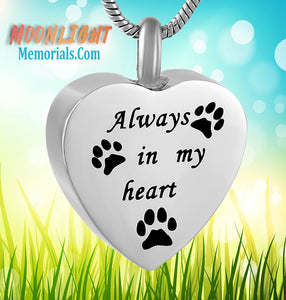 Always in my Heart Paw Print Pet Heart Urn Cremation Ashes Necklace