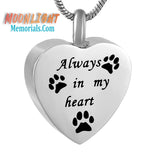 Always in my Heart Paw Print Pet Heart Urn Cremation Ashes Necklace