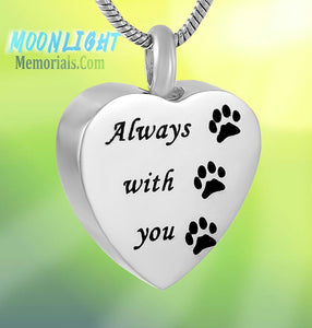 Always with you Paw Print Pet Heart Urn Cremation Ashes Necklace